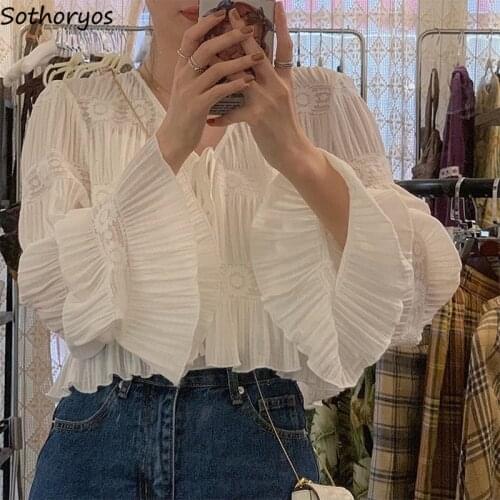 Sun-proof Blouses Women Solid Loose Bandage Breathable Shirts Summer Daily Soft Blouse Females Leisure Trendy Students All-match