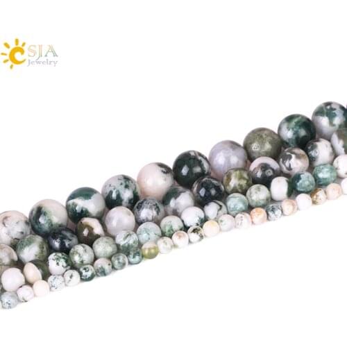CSJA Polish Natural Stone Bead Moss Agates Loose Beads for Jewelry Making Green Onyx Round 4 6 8 10mm DIY Bracelet Necklace F424