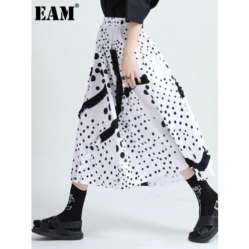 [EAM] High Elastic Waist White Dot Printed Ruffles Temperament Half-body Skirt Women Fashion Tide New Spring Summer 2021 1DD9634