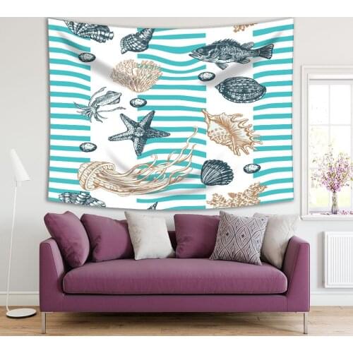 Tapestry Starfish Seashell Fish Squid on Stripes Summer Holidays Nautical Theme Artwork Gray Beige Green