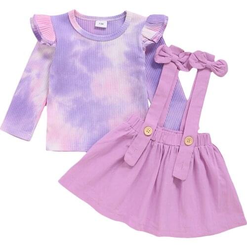 0-24M Toddler Kids Baby Girls Clothes Set Long Sleeve Tie Dye Knitted T shirt Tops + Bow Tutu Strap Skirts Princess Kids Costume