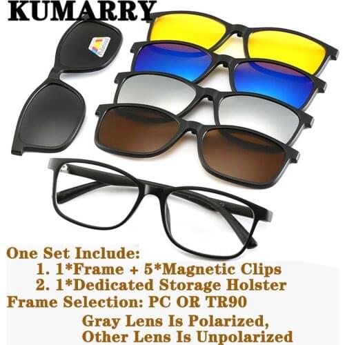 KUMARRY NEW Magnetic 5+1/6pcs/1set Polarized Sunglasses Men/Women Clip On PC/TR90 Frame Driving Sun Glasses Shades With Holster