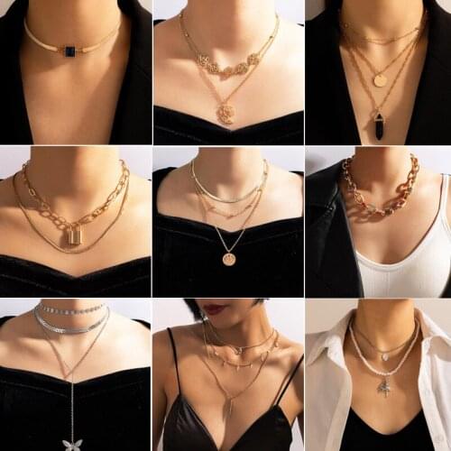 Fashion 3 Layers Pearls Geometric Pendant Necklaces For Women Gold Metal Link Chain Necklace Jewelry Gift