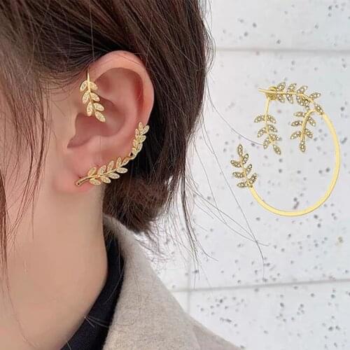 Vantage Fashion Romantic Sweet Leaf Rhinestone Elf Ear Hook Earrings Womens Gift Daily Matching Gift Party korean earrings