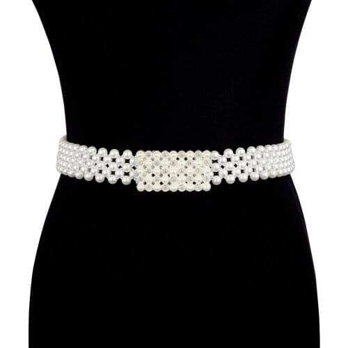 Luxury Women Pearl Belt For Dress Elegant Elastic Buckle Full Plastic Pearl Decoration Rhinestone Wedding Belt Elastic Waist