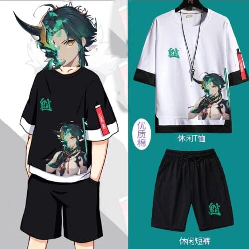 Male Xiao Genshin Impact Xiao Manga cosplay Short Sleeve Cotton Trendy T-shirt Japan Anime Game Tee Tops Oversized Clothes suits