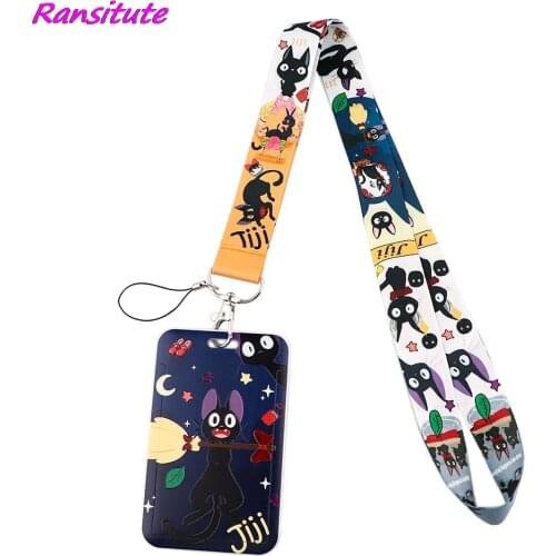 Ransitute R1891 Anime Black Cat Lanyard ID Badge Holder Mobile Phone Badge Kids Key Ring Holder Jewelry For Student Fans Kid