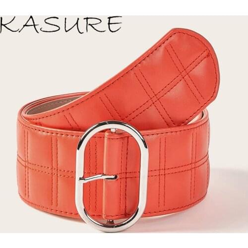 KASURE Womens Wide Solid Belt Plaid Pattern PU Leather Round Metal Buckle Casual Waist Belt For Jeans Dress Decoration Vintage