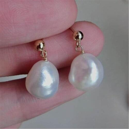 12-14mm White Baroque Pearl Earring 18k Ear Stud Fashion Natural Earbob Women Flawless Real AAA Mesmerizing Aurora Cultured