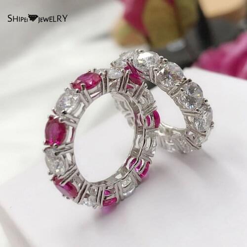 Shipei Romantic 100% 925 Sterling Silver Round Cut Ruby Created Moissanite Gemstone Wedding Band Luxury Women Rings Fine Jewelry