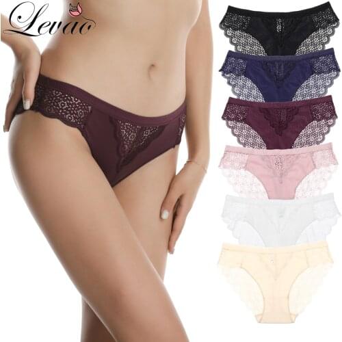 LEVAO Fashion Design Satin Sexy Lace Panties Women Solid Seamless Underwear Lingerie Soft High Level Crotch Cotton Breifs