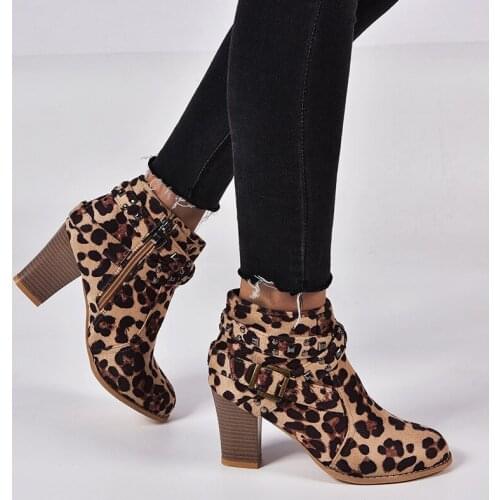 Women Ankle Boots Leopard Print Square Heel Fashion Pointed Toe Ladies Sexy New shoes 2020 zapatos de mujer W20-25