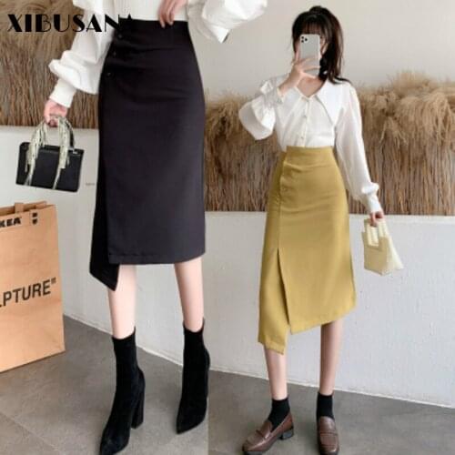 XIBUSANA 2020 Autumn New Fashion Vintage Drape Irregular Buttons Skirts Womens Solid High Waist Loose Female Knee Length Skirts