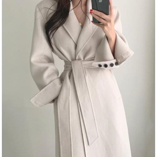 Wavsiyier Notched Collar Ladies Thicken Warm Loose Long Woolen Coat Women 2020 Winter Jacket Lace-Up Elegant Solid Blend Coats