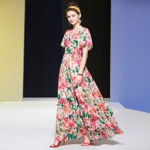 Long Maxi Runway Fashion Women High Quality Flare Sleeve Flower Print Ruffles Cascading V-Neck Party Dress
