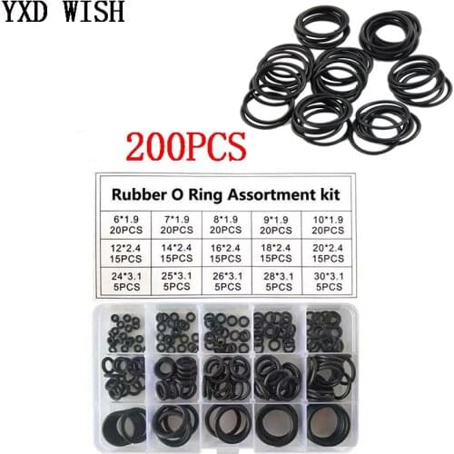 200pcs/Box O-Ring Repair Set Black Rubber Ring Oil Resistance Wear Resistance O Ring Assortment Kit 15Size Silicone Rubber Rings