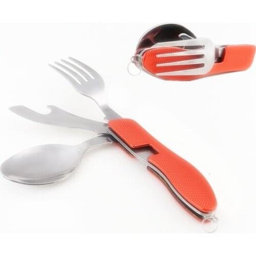2017 outdoor camping portable 4 in 1 folding stainless steel knife and fork spoon opener gadgets camping picnic tableware tools