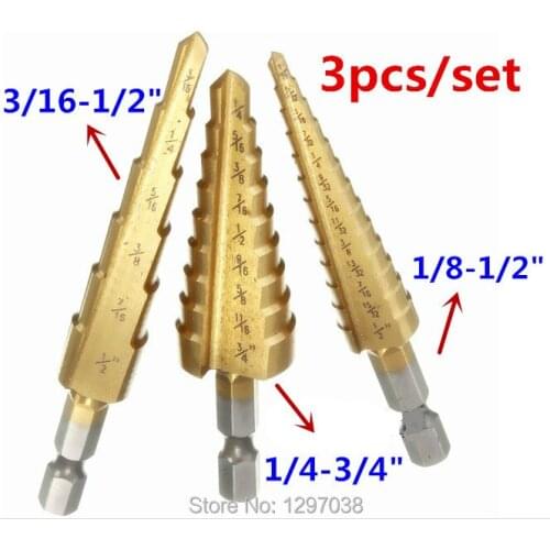 3PCS/set HSS Titanium Step Cone Drill Bits Tool Hole Cutter Woodworking/Metal Kits Hole Saw Cutter 1/4-3/4";3/16-1/2";1/8-1/2"