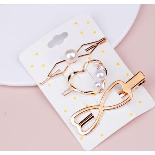 3PCS Hair Clip Lovely Crystal Pearl Hair Barrette Hair Styling Pin Button Imitation Pearl Hair Clips Metal Heart Star Crystal