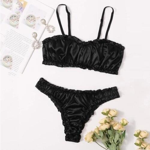 Black Satin Ruched Bra Panties Exotic Sets Women Sexy Lingerie Breathable Thin Summer Sexy Nightwear Lenceria Sensual Mujer