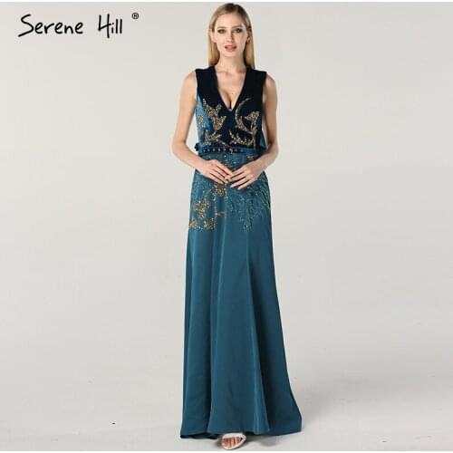 Dubai Design Blue V-Neck Beach Evening Dresses Beading Diamond High-end Evening Gowns 2020 Serene Hill LA60819