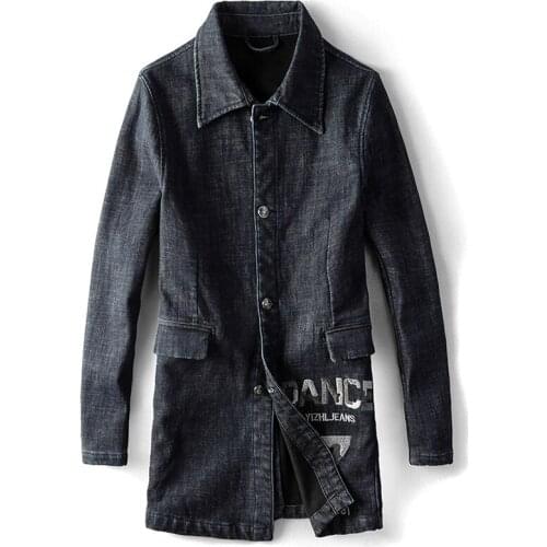 European and American Designer Men Denim Pea Coats Windbreaker Plus Size 3XL Vintage Jeans Jackets Long Winter Men Clothing A186