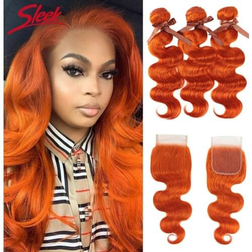 Sleek Orange Body Wave Bundles With Closure Brazilian Hair Bundles With Closure 8-28 Remy Human Hair 3/4 Bundles With Closure