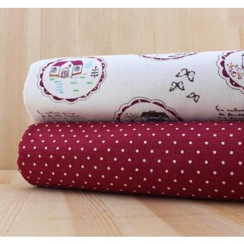 2 Design Cotton Linen fabric "Red" Dot Cartoon house Fat Quarter Bundle for sewing home textile patchwork Quilting Cloth 35*50cm