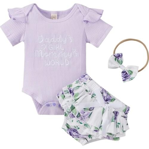 3Pcs Baby Girls Outfit, Sweet Style Summer Fly Sleeve Round Collar Letter Romper + Floral Printing Lace Shorts + Bow Headwear