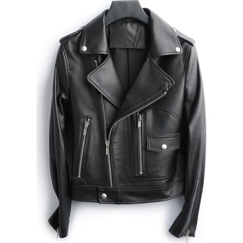 New Genuine Sheep Leather Coat Women Long Sleeve Slim Fit Sheep Leather Motorcycle Jacket gl0130