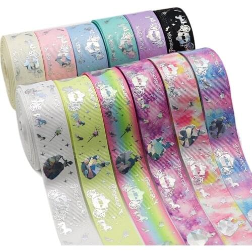 1" 25MM 10 Yards Glitter Laser Silver Princess Printed Grosgrain Ribbons Gift Packaging DIY Handmade Materials 18061002