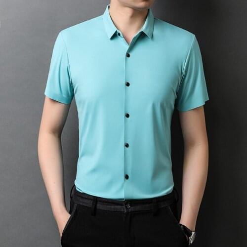 Mens Seamless Shirts Summer Pure Color Smooth Clothes Short Sleeve Man Office Soft Dress Shirts Buttons Up