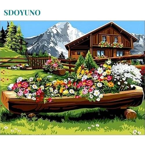 SDOYUNO 60x75cm Paint By Numbers DIY Painting By Numbers On Canvas Frameless Digital Painting Snow Mountain Lodge Home Decor