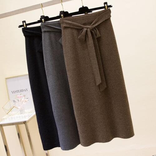 New Autumn Winter Women High Waist Knitted Skirt Sexy Split Bow Lace Up Knit Long Skirts Female Slim Package Hip Skirt SF1286