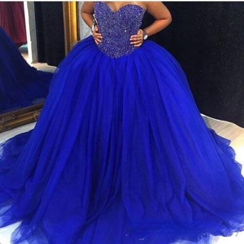 2021 New Royal Blue Puffy Tulle Ball Gown Wedding Dresses Bridal Gowns Sweetheart Crystal Beaded Plus Size