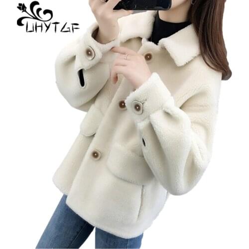 UHYTGF New Sheep Sheared Winter Fur Coat Women Fashion Single-Breasted Casual Warm Short Jacket Elegant Female Tops Outwear 1920