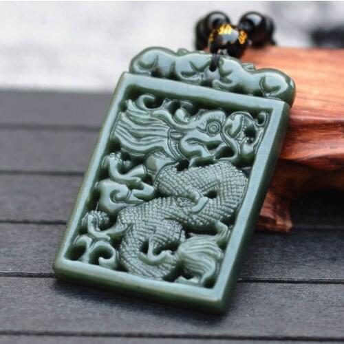 Wholesale Natural Dark Green HETIAN Jades Pendant Carved Chinese Dragon Lucky Amulet Pendants Necklace For mens fashion Jewelry