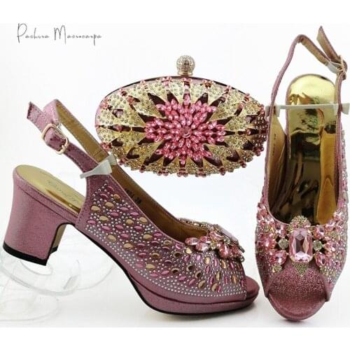 2020 Sexy African Women Matching Shoes and Bag Set In Heels Matching Shoes and Bag Set for Italian Party in Pink Color