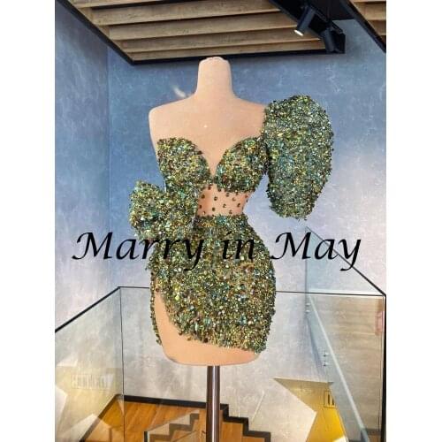 Stunning Green Sequins Short Prom Dresses For Black Girl One Shoulder Plus Size Knee Length Evening Occasion Gowns