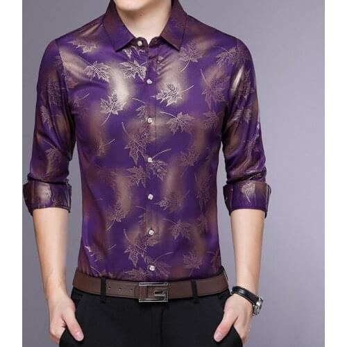 3d maple leaf pattern bronzing print fashion luxury long sleeve shirt Autumn 2018 high-quality silk cotton thin shirt men M-XXXL