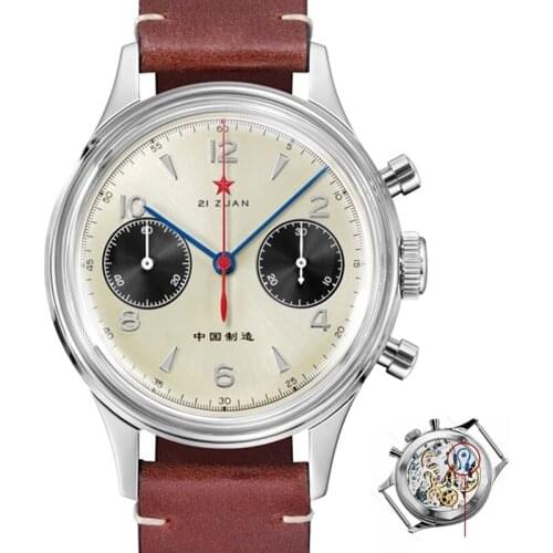 SEAKOSS 1963 Mens Acrylic Chronograph Watch Sapphire Men Mechanical Manual Winding Swan Neck Seagull Watch Pilot Leather Clock