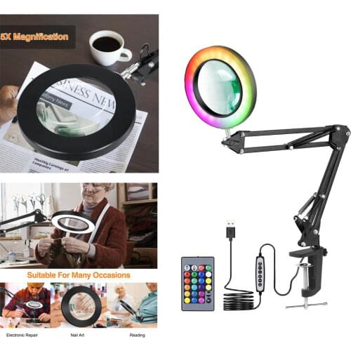 Folding USB 5X Magnifying Glass 3 Colors LED Illuminated Magnifier Table Clamp Reading Soldering Loupe Third Hand Tool