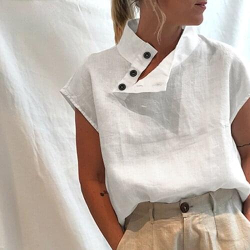 Stylish Blouses 2021 Tunic Tops Plus Size Women Short Sleeve Summer Buttons Solid Cotton Linen Tops Casual Loose Blusas