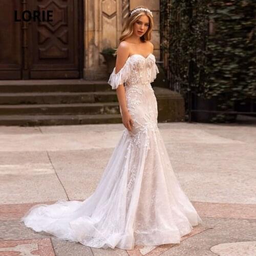 LORIE Boho Wedding Dresses 2021 Off the Shoulder Appliques Lace Mermaid Champagne Wedding Gown Backless Bridal Dress 2021