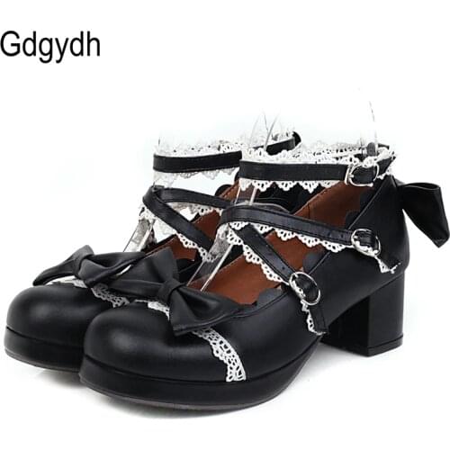 Gdgydh Sweet Lolita Princess Mary Janes Shoes White Pink Bowtie Ruffles Uniform School Shoes For Girls Mid Heel Black Punk Lace