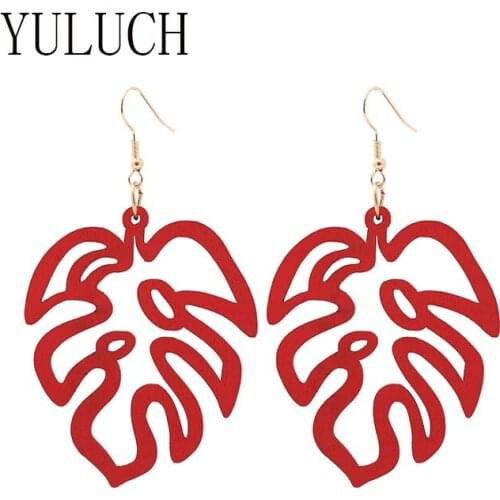 YULUCH Unique design natural wood leaf pendant earrings for girls party hollow out wooden jewelry Simple casual accessories