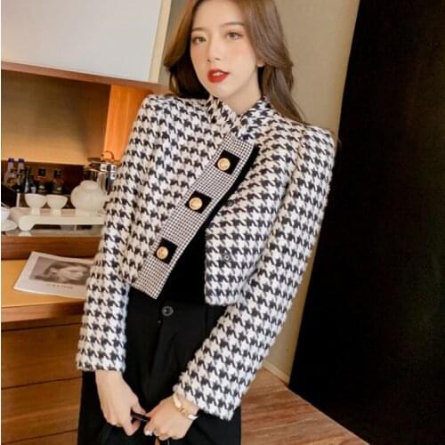 2021 Autumn Winter Stand Collar Houndstooth Tweed Jacket Coat Vintage Women Gold Buttons Long Sleeve Blends Woolen Outerwear