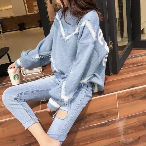 2021 Spring Autumn Knitted Women Sweater Loose Jumper Fashion Letters Tassels Sleeves Sweater Pullover Femme Blue Tops