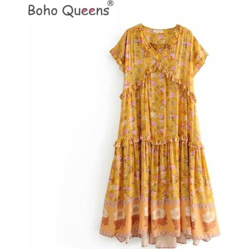 Boho Queens Women Floral print ruffles rayon Bohemian beach maxi dress Ladies V neck Tassel loose dress vestidos