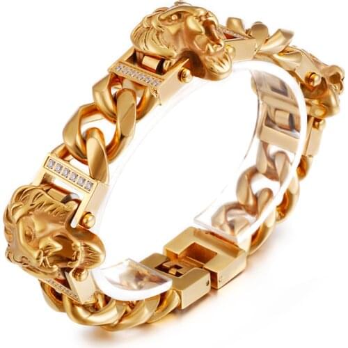 112g heavy Gothic Fashion Crystals CZ stainless steel Cuban Curb Chain Bracelet Heavy Lion Bangle heavy 15mm 8